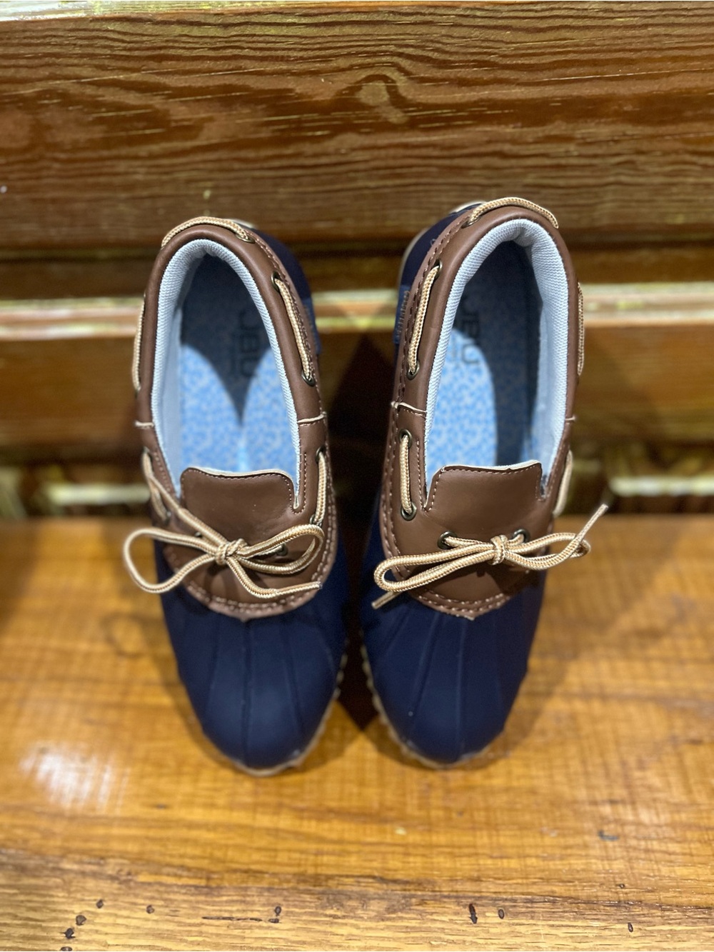 JBU Navy and Brown Duck-Style Ankle Booties